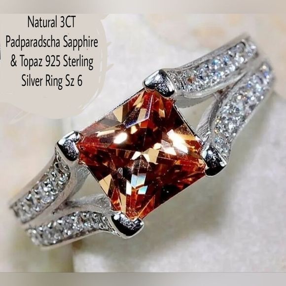 Natural 3CT Padparadscha Sapphire & Topaz 925 Sterling Silver Ring Sz 6 - Picture 4 of 16